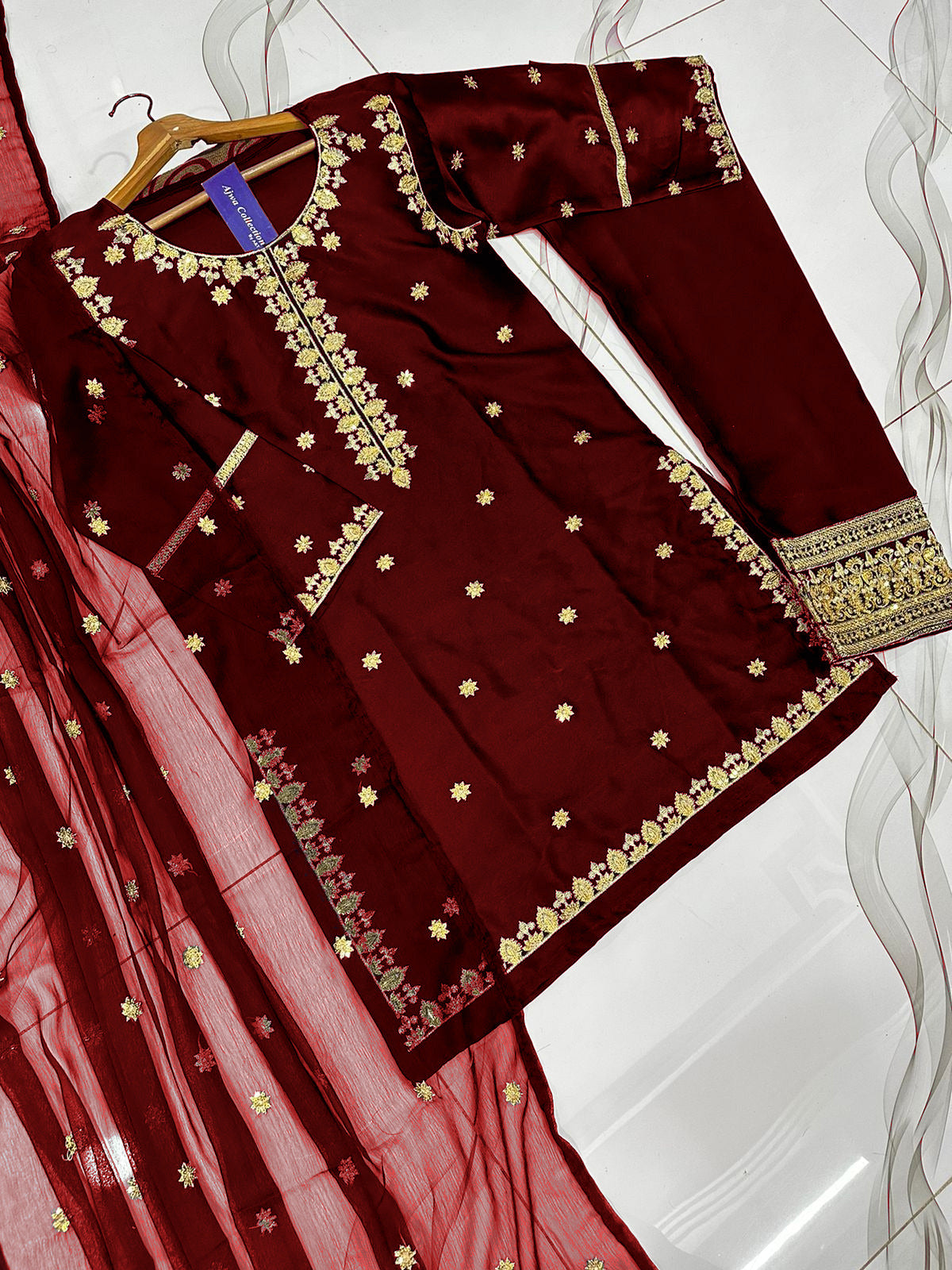 Heavy Embroidery Neck,Sleeves Border Sequence 3 Piece By Ajwa Collection