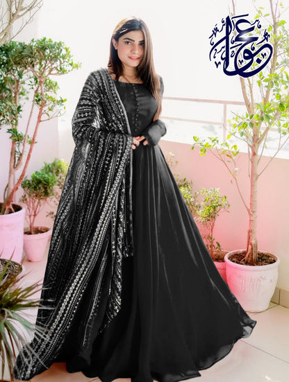 Long Flare 3 Piece Maxi with Embroidered Dupatta