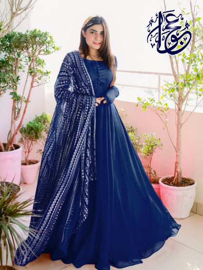 Long Flare 3 Piece Maxi with Embroidered Dupatta