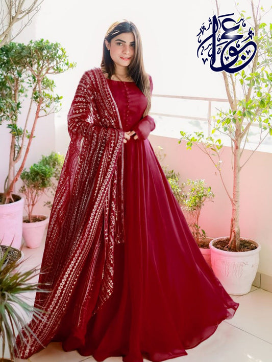 Long Flare 3 Piece Maxi with Embroidered Dupatta