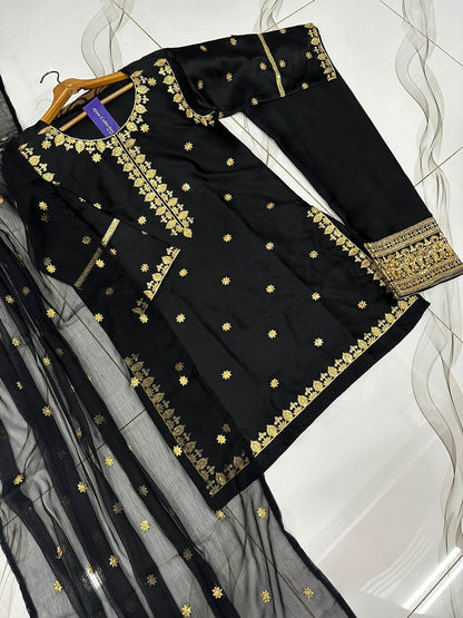 Heavy Embroidery Neck,Sleeves Border Sequence 3 Piece By Ajwa Collection