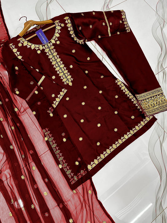 Heavy Embroidery Neck,Sleeves Border Sequence 3 Piece By Ajwa Collection
