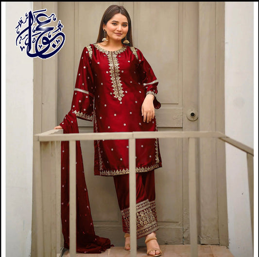Heavy Embroidery Neck,Sleeves Border Sequence 3 Piece By Ajwa Collection