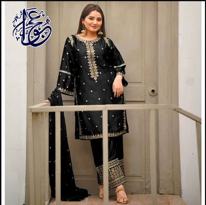Heavy Embroidery Neck,Sleeves Border Sequence 3 Piece By Ajwa Collection