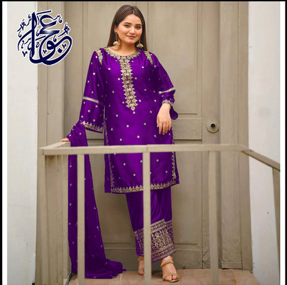 Heavy Embroidery Neck,Sleeves Border Sequence 3 Piece By Ajwa Collection