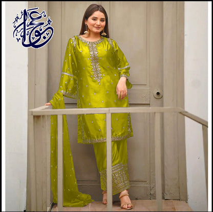 Heavy Embroidery Neck,Sleeves Border Sequence 3 Piece By Ajwa Collection