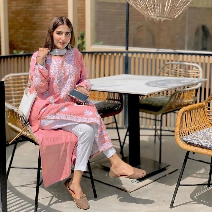 Soft Linen Neck, Daman  Embroidered Indian Kurti
